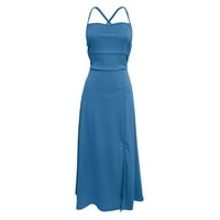 Női A-Line ruha nyári kötőfék Ujjatlan szilárd zsebbel Alkalmi Hosszú Női ruhák Kék L
