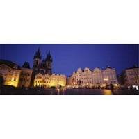 Épületek, világít, - ban, alkonyat, Prága, Óváros tér, Óváros, Prága, Czech Republic poszter nyomat
