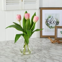 Szinte természetes 15in. Tulip mesterséges elrendezés üvegvázában, rózsaszínben