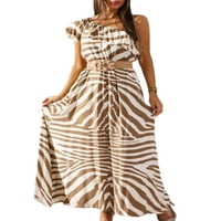 Rejlun női Maxi ruhák rövid ujjú Nyári strand Sundress egy váll Hosszú ruha Hawaii alkalmi Party Bézs csík XL