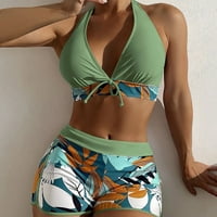Huachen Divat Női magas derék Boxer csipke fel nyomtatás Egyszínű Patchwork fürdőruha Bikini, hadsereg zöld L