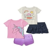 Garanimals kislányok és kisgyermek lányok pólók, skrét és rövidnadrág, 4 darabos ruhakészlet