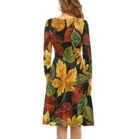 Binienty Hálaadás juharlevél nyomtatás női őszi ruhák különleges alkalomra O-nyakú Midi Magas derék egy A-vonalú ruha