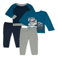 Garanimals baba és kisgyermek fiú hosszú ujjú póló és kocogó nadrágos ruhák, 4 darab, méretek 12m-5T