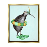 Stupell Industries Kiwi madár úszócső -laposok nyári illusztráció grafikus művészet fémes arany úszó keretes vászon