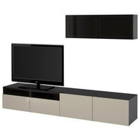 Ikea TV tároló kombináció nyitott fiókokkal és üvegajtókkal, Fekete-barna, Selsviken magasfényű bézs füstölt üveg 8204.81129.62