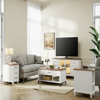Sárga világos parasztház fehér üveg és fa televíziós állvány TV -hez, szórakoztató központ tárolószekrényekkel a nappalihoz