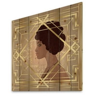 Designart 'Retro Girl in Golden Art Deco Geometrics II' Modern nyomtatás természetes fenyőfán