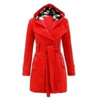 Shiusina Női meleg téli kapucnis hosszú szakaszok kabát öv dupla mellű kabát-Piros XXL