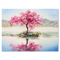 Designart 'Keleti cseresznye rózsaszín fa sakura a tó házában, a vászon fali művészete