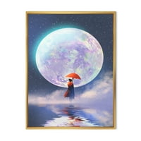 A lány esernyővel áll a vízen a hold keretezett festménye vászon művészeti nyomtatás