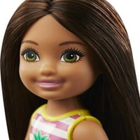 Barbie club Chelsea baba, hosszú barna hajú kis baba, zöld szemek és ananász-grafikus fürdőruha
